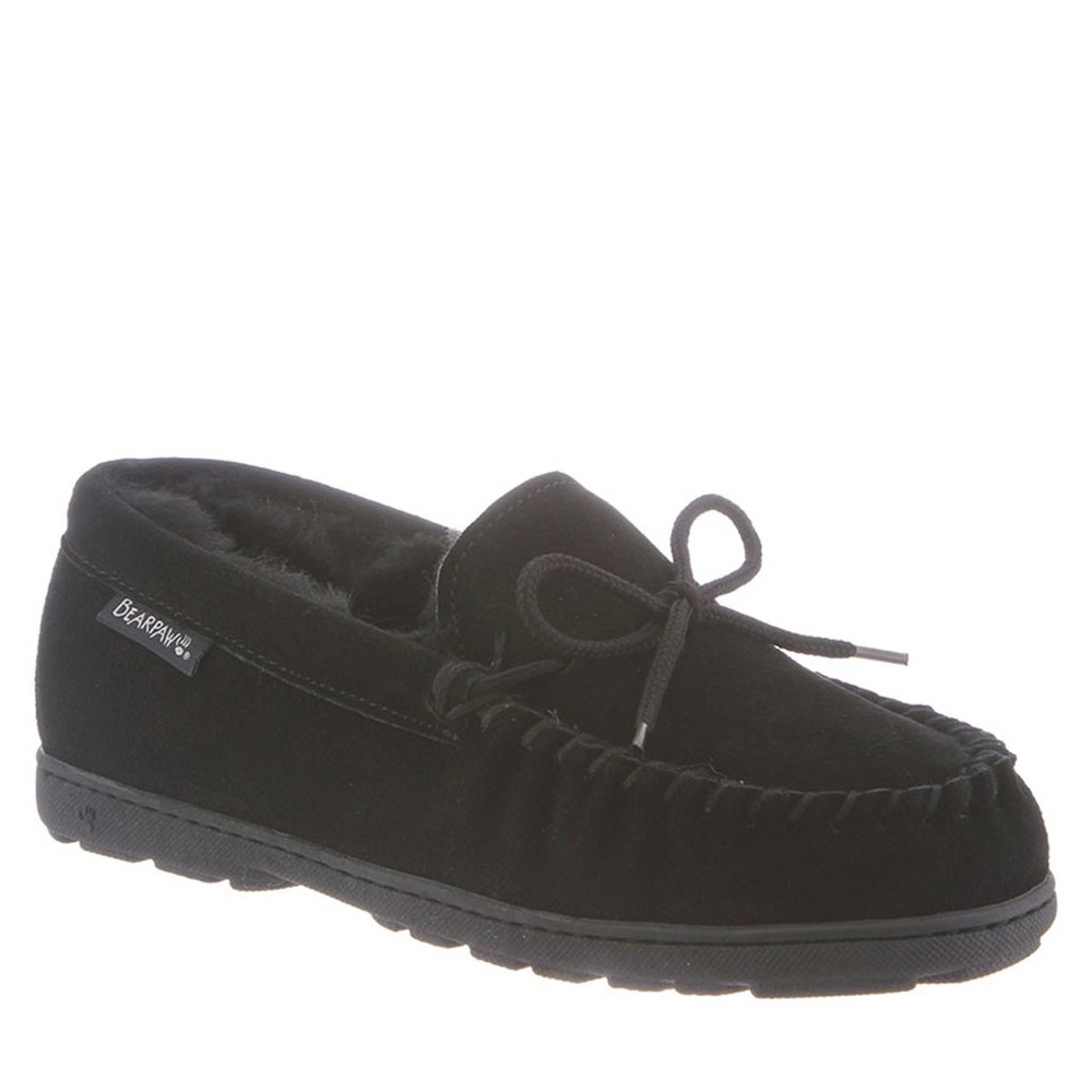 BEARPAW WOMENS SUEDE MINDY MOCCASIN SLIPPERS SHEEP SKIN LINING BLACK SIZE 9 NWOT